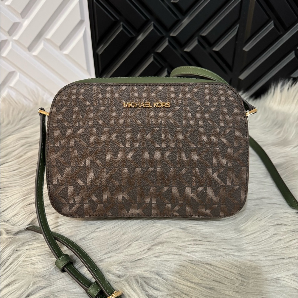 Michael Michael Kors Houston LG Zip Signature Logo Crossbody Amazon Green NWT